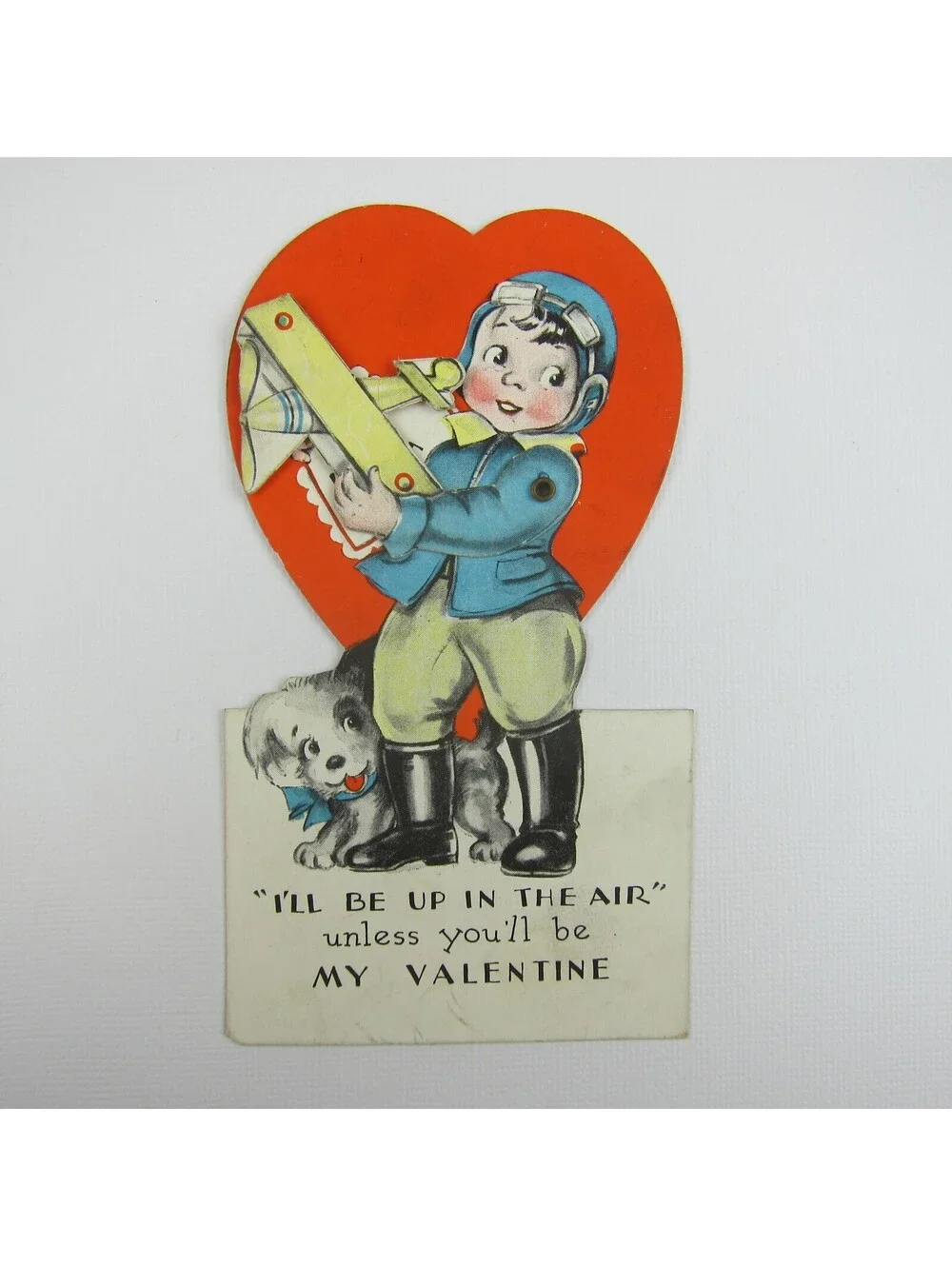 Vintage Valentine Card Mechanical Boy Pilot & Puppy Dog Toy Biplane Moves Heart